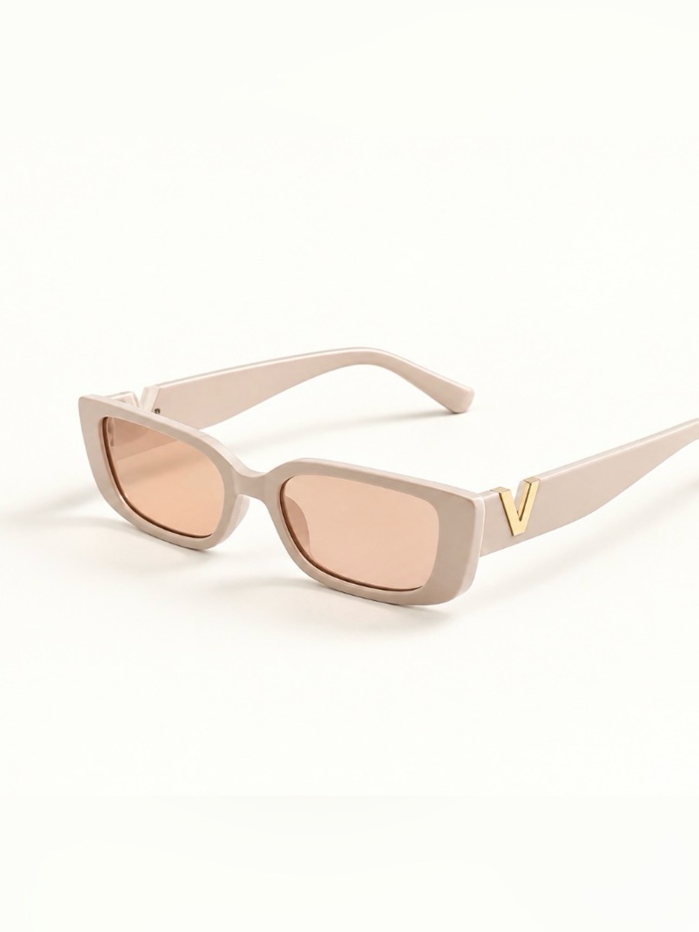 Beige Rectangular Women's Sunglasses with Gold Accent